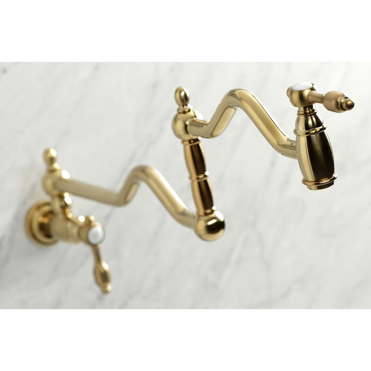 Kingston Heirloom KS2107TAL - Tudor Two-Handle 1-Hole Wall Mount Pot Filler Faucet, Brushed Brass — thumbnail 2